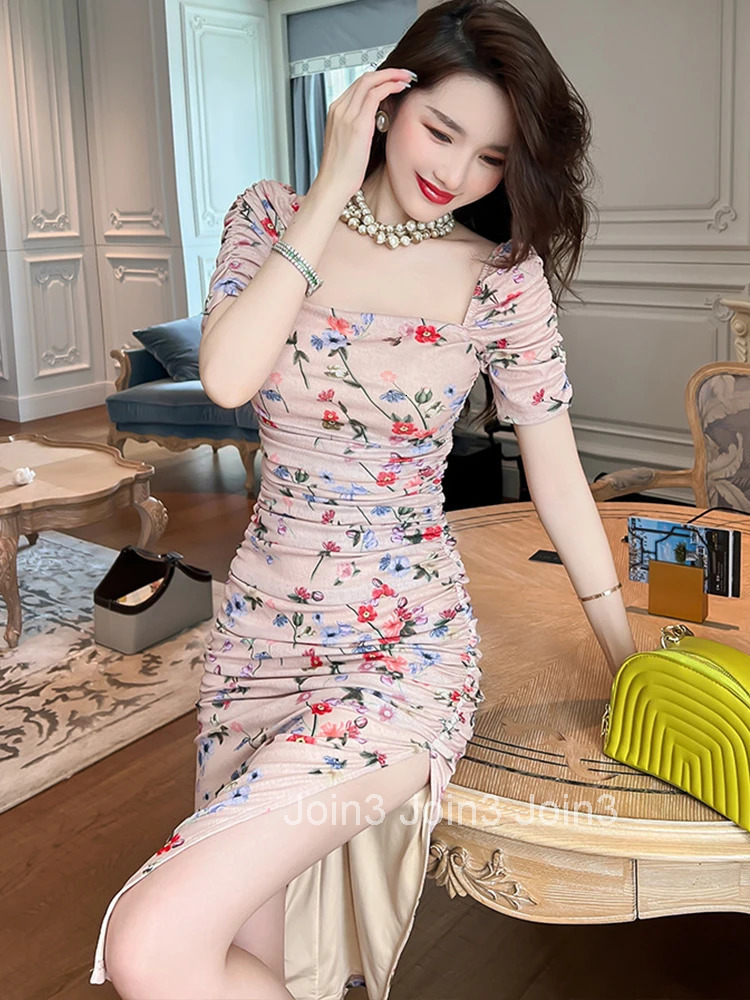 Korean Women Evening Dress Cotton Vintage Sweet Square Collar Folds Bodycon Midi Party Beach Stretchy Robe Femme Mujer Vestidos