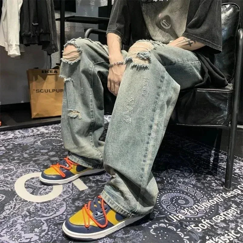 Trousers Torn with Holes Mens Jeans Broken Man Cowboy Pants Wide Leg Ripped Straight Hip Hop Y 2k Vintage Washed Y2k Stylish Xs 250617