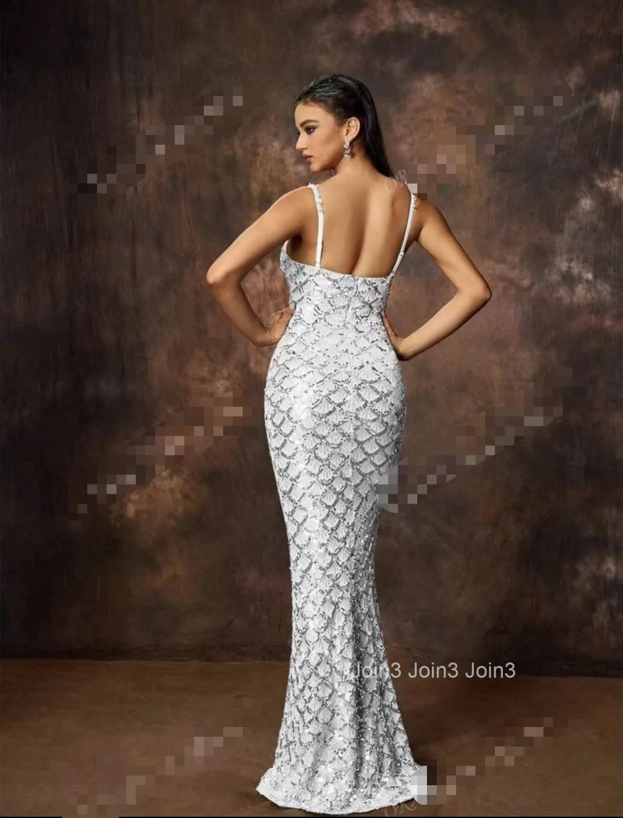 Pearl White Illusion Evening Gown Crystal-Embroidered Sequined Bridal Dress w/Deep V Neck - Wedding Gala Formal Attire