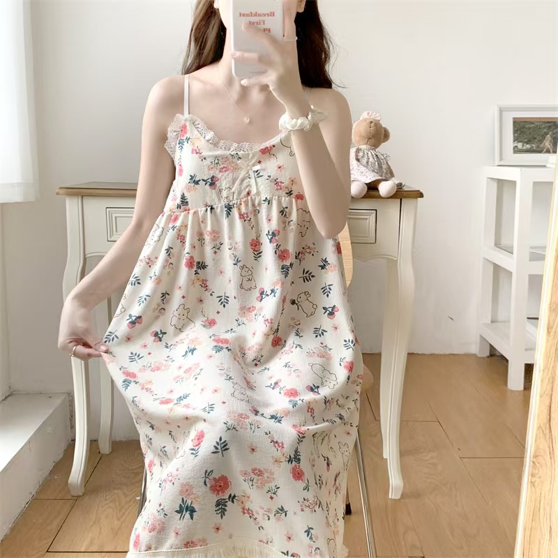 2025 women's models spring and summer sweet ins style halter mid-length loose nightgown female home dressred Kingfisher Rabbit