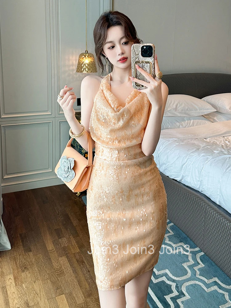 New Sexy Backless Birthday Evening Dress Women Clothes Chic Sparkly Sequin Halter Slim Short Party Prom Vestidos Vacation Beach