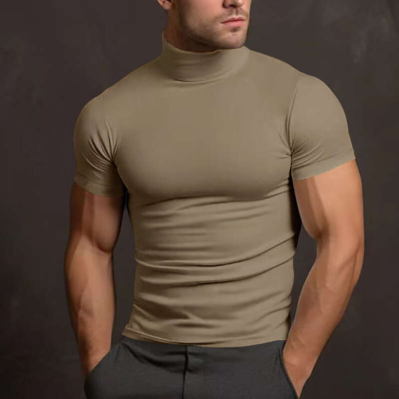 Cross-border In Stock 2024 Summer Solid Color Short Sleeve Fashion Base Shirt Men's Slim Fit High Neck T-shirt