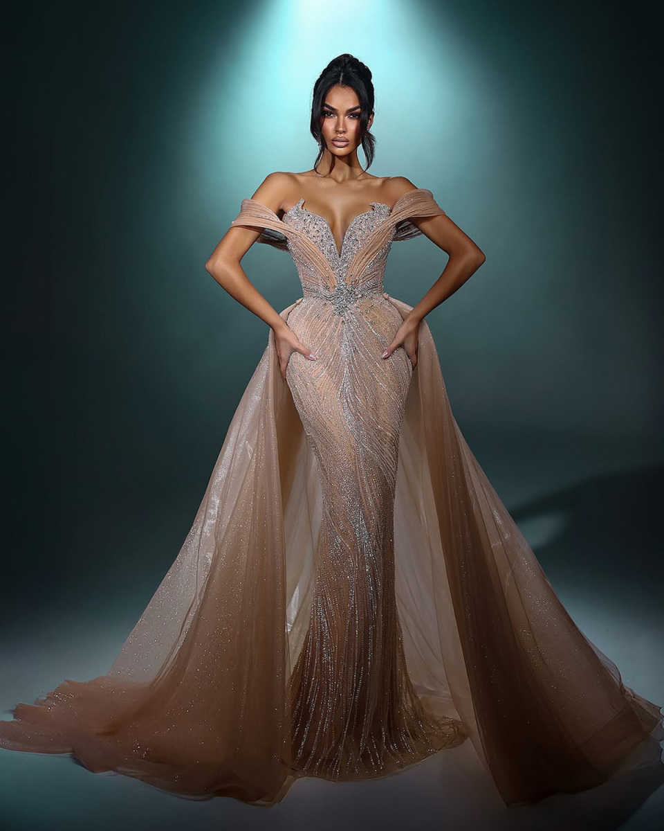 Elegant Off Shoulder Mermaid Evening Dresses Fashion Beaded Crystal Prom Dress Detachable Train Sequins Party Gown Customized