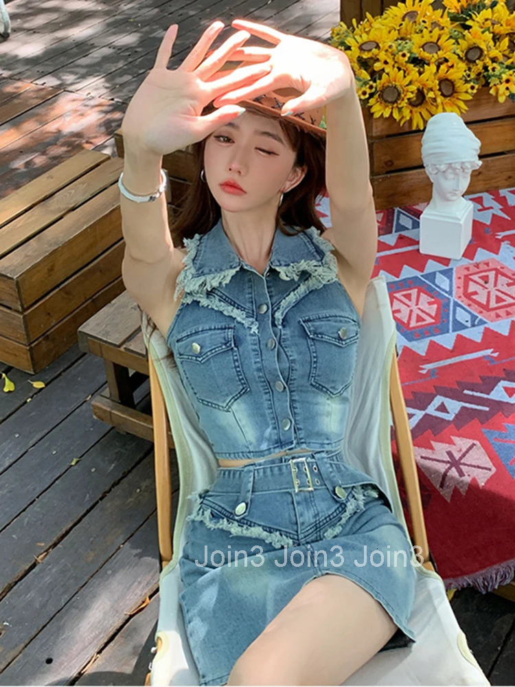 Street Clothes Y2K Denim Fashion Summer 2 Piece Outfit Women Sexy Halter Sleeveless Short Cropped Tops Mini Skirt Mujer Slim Set