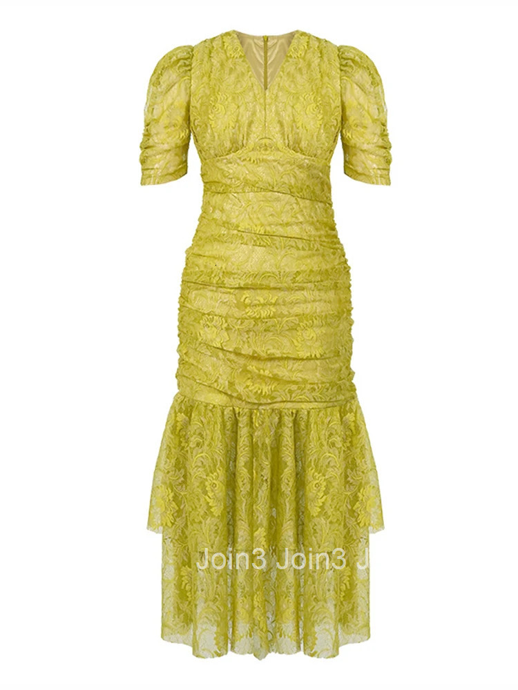 New Summer Fashion Lace Vacation Evening Long Dress Women Clothing Sweet V-Neck Folds Slim Party Prom Vestidos Fiesta Robe Femme