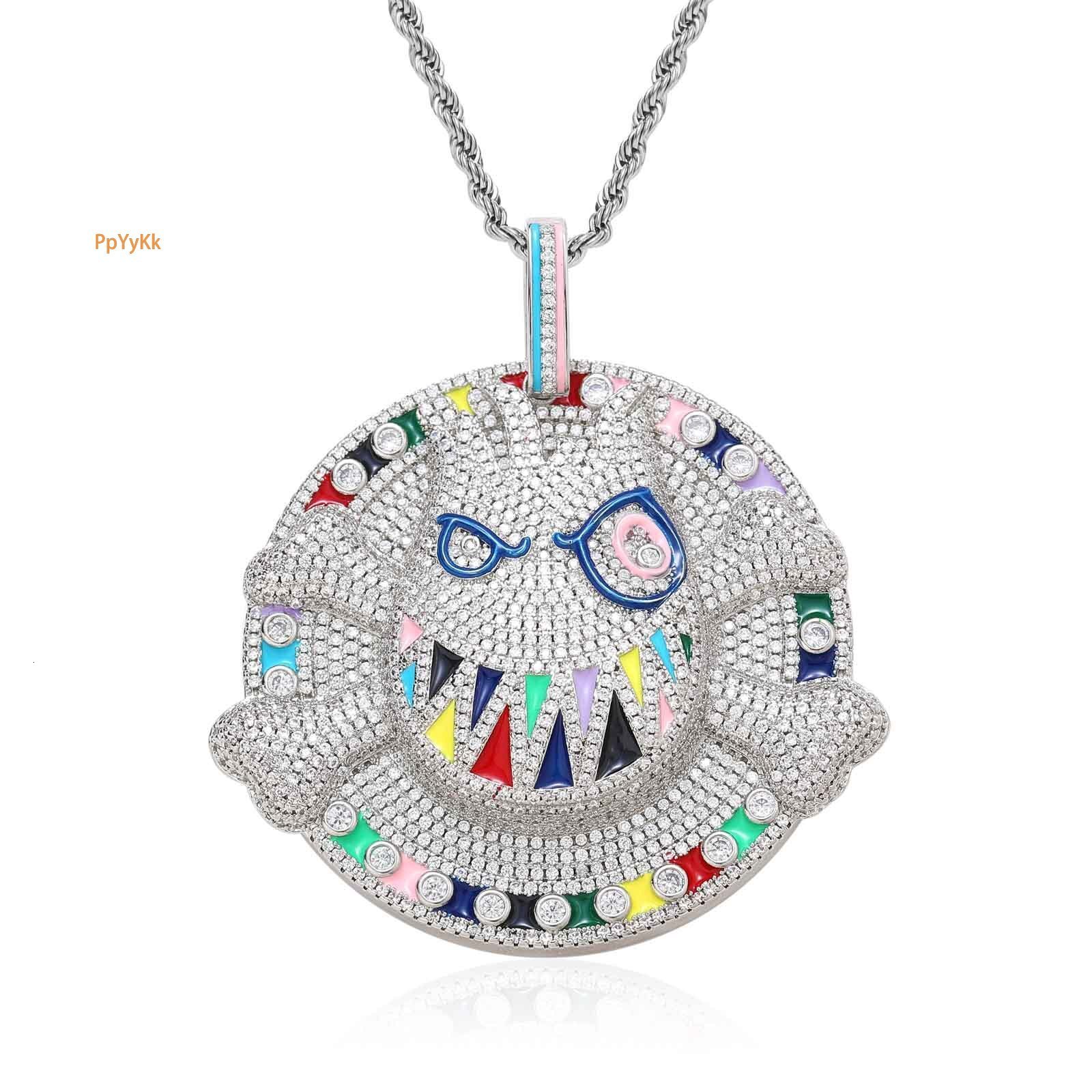 Luxury Moissanite Hip Hop Necklace Cartoon Emoji Pendant Diamond Studded Purple Disk Ghost Face Bone Personalized Exaggerated Accessory Pass the diamo