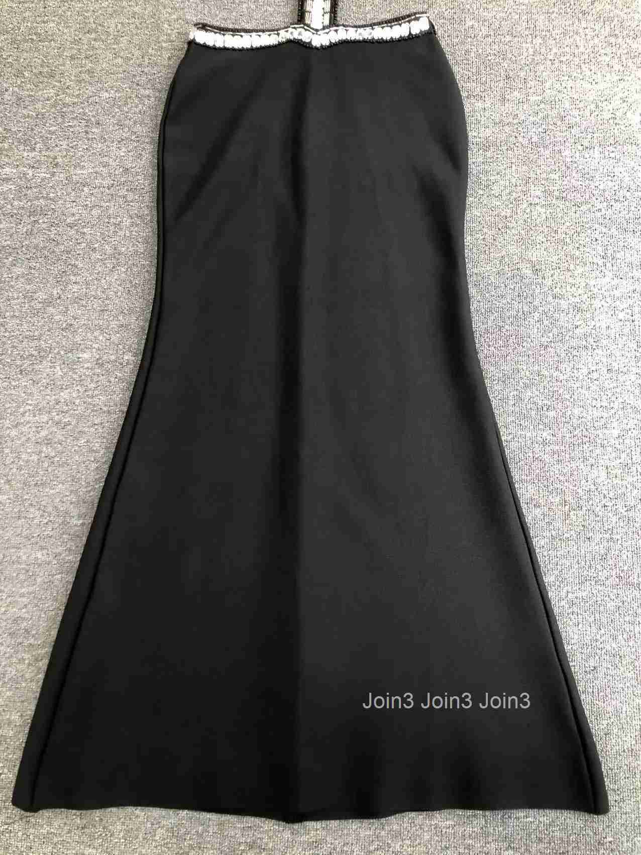 New Style Autumn Diamonds Decoration Long Skirt Sexy Hollow Out Slim Fit Black Bandage Dress For Women Chic Cocktail Party Gown