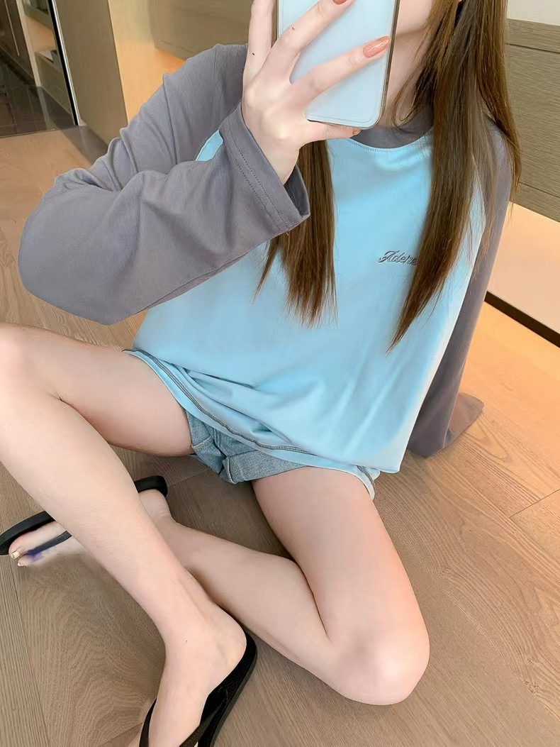 SL236 Women's Spring and Autumn Contrast Color Round Neck Loose Long Sleeve Top Thin Shirt Bottoming Shirt