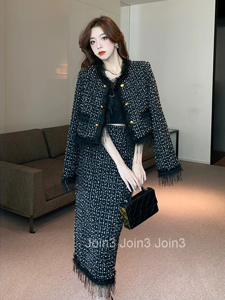 New Fashion Ladies Vintage Plaid Tweed 2 Pieces Outfits Women Clothing Short Coat Tops Jacket Outwear And High Waist Skirt Set
