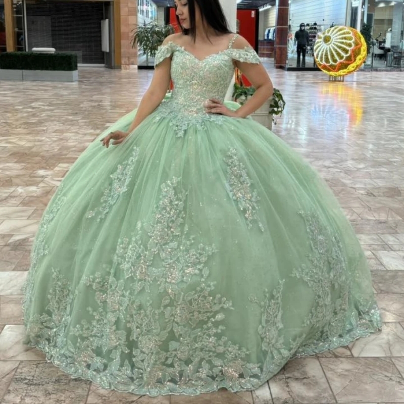 Mint Green Glitter Ball Gown Quinceanera Dresses Lace Applique Beading Bow Tull Corset Sweet 16 Dress Vestidos De 15 Anos