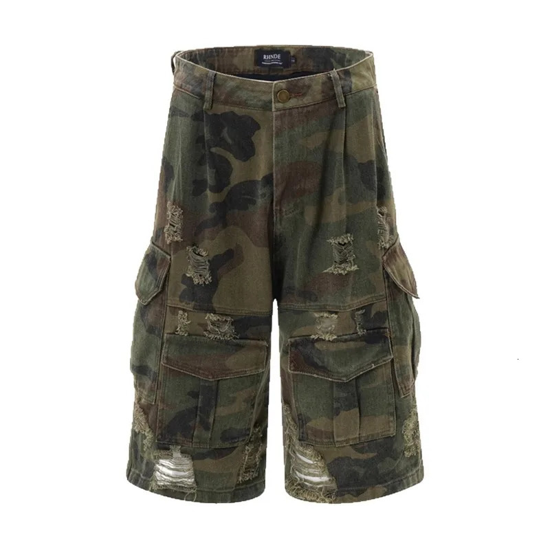 Mens Camo Denim Shorts Summer Casual Loose Multi-Pocket Cargo Pants High Street Fashion Hip Hop Ripped Shorts Mens Clothing 250618