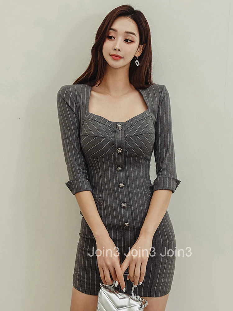Fashion Lady Work Style Vintage Formal Pencil Dress Women Clothes Striped Elegant Office Sexy Square Collar Slim Short Vestidos