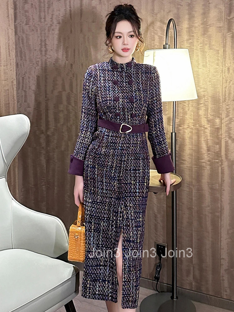 Women Clothes Retro Tweed Formal Occasion Double Breasted Belt Slim Midi Pencil Dress Elegant Vestidos Casual Autumn Winter New
