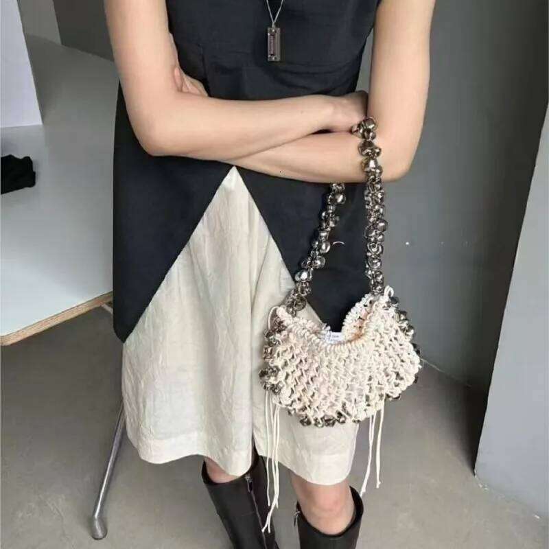 Women Bell Bucket Handba Hand Woven Net Evening Wedding Party Clutch Purse Crossbody Bag