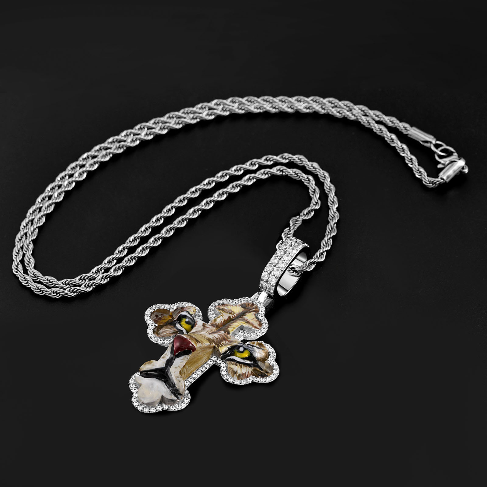 Luxury Moissanite Hip Hop Cross Cheetah Pendant Diamond Inlaid Enamel Personalized Streetwear Statement Necklace