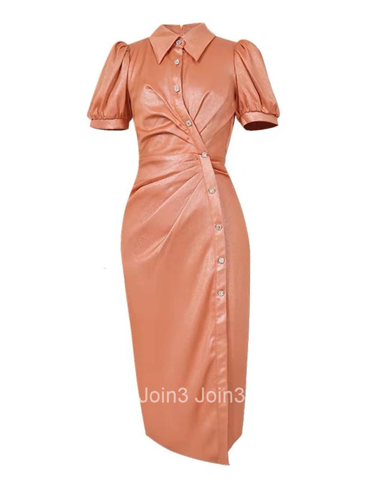 New Summer Fashion Single Breasted Irregular Pencil Dress Women Clothes Elegant Casual Puff Sleeve Slim Slit Folds Midi Vestidos