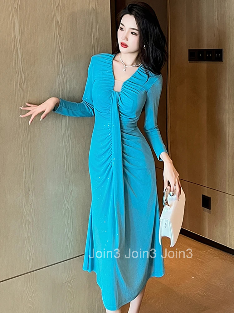 French Style Blue Sparkly Long Evening Dress Ladies Women Clothing Elegant V-Neck Slim Midi Party Prom Robe Femme Mujer Vestidos
