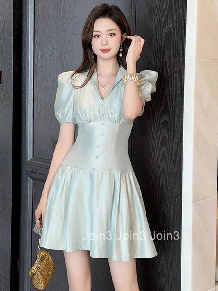 New Summer French Fashion Casual Solid V-Neck A-Line Short Dress Women Clothes Sweet Retro Puff Sleeve Corset Slim Party Vestido