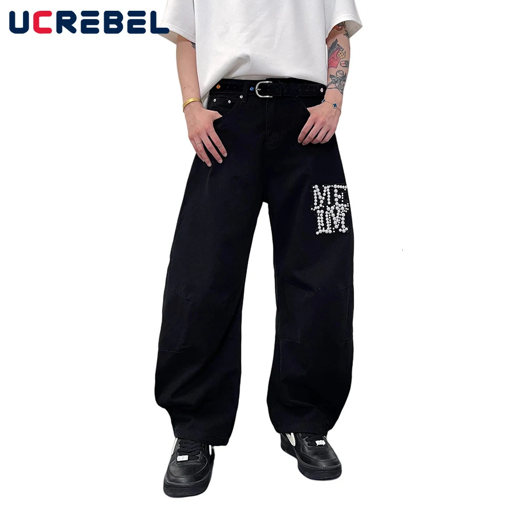 Beading Letter Cargo Jeans Mens Retro High Street Washed Distressed Loose Wide Leg Denim Curved Blade Pants Men 250616
