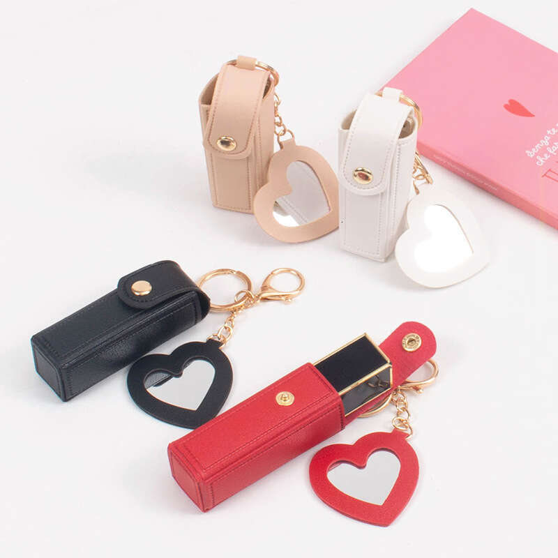 8 Colors Launched! Lipstick Storage Leather Case Keychain, Lovely Heart - Mirror Design