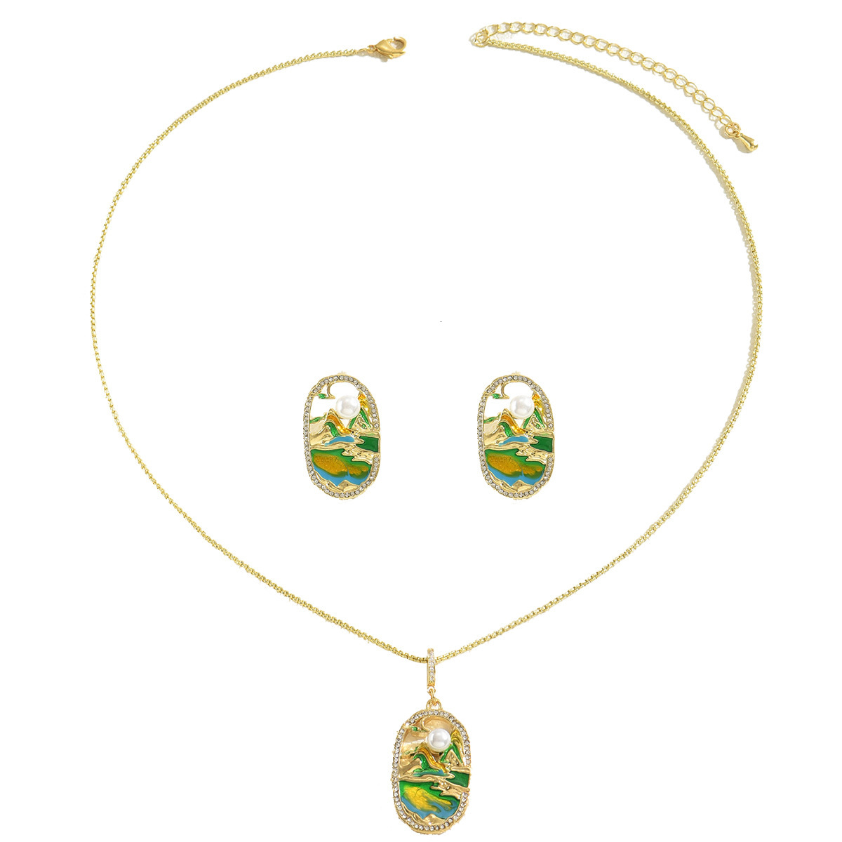 Fashion Women's Necklace And Earring Set Green Water Drop Oil Inlaid High-End Design Pearl Choker
