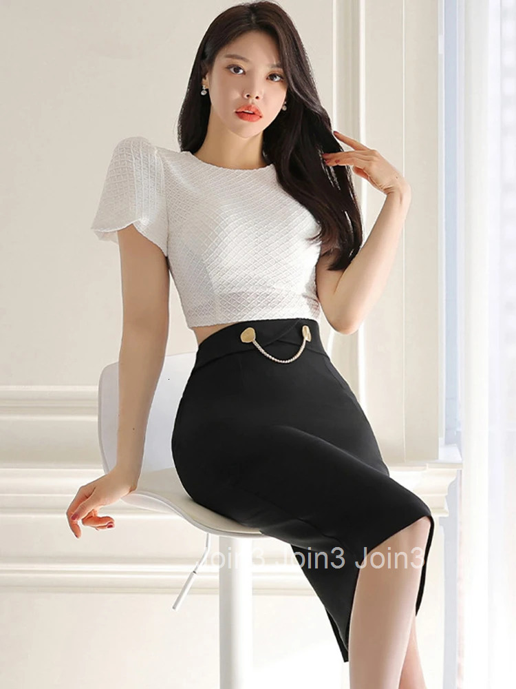 Summer Sexy 2 Pieces Outfits Women Clothes Elegant Puff Sleeve Crop Tops Shirt Blouse And Black High Waist Midi Skirt Mujer Set