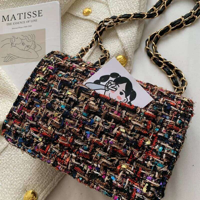 Designer bag Fashionable Versatile Guangzhou Women's Tweed Style Straw Bag Korean Version Chain Shoulder Crossbody Motorcycle Equipm Luxury Bag