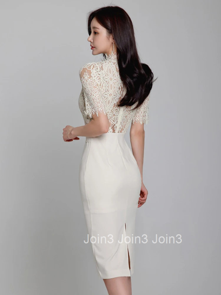 New Summer Elegant Office Women Evening Dress Chic Lace Sheer Stand Neck Slim Midi Pencil Party Club Prom Femme Mujer Vestidos