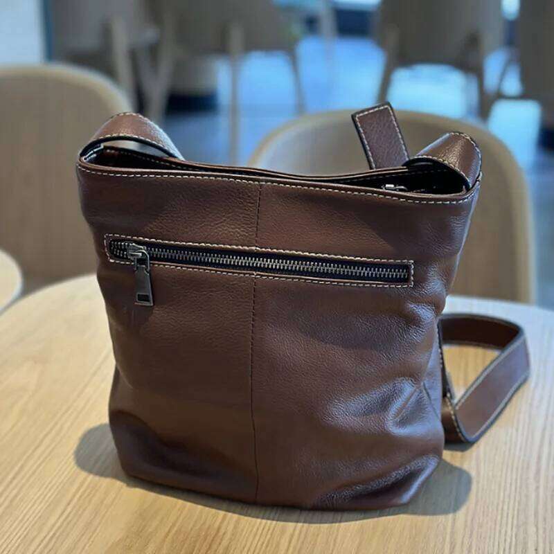 2025 New Japanese Casual Cowhide Crossbody Retro All-Matching Women's Shoulder Bucket Bag Soft Leather