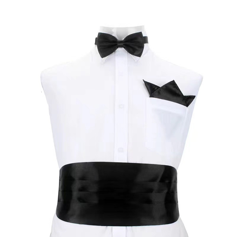Black Floral Silk Wedding Mens Cummerbunds Bow Tie Brooch Set Tuxedo Formal Wide Belt Ceremonial Belt Elastic Waistband DiBanGu 241227