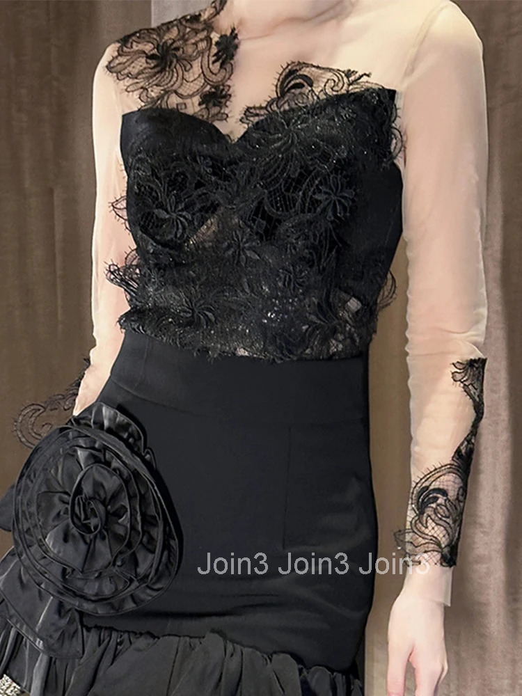 Women Clothes Mesh Lace Splicing O-Neck Short T-Shirt Elegant Black Sheer Sexy Long Sleeve Blouse Femme Prom Tops Casual Fashion