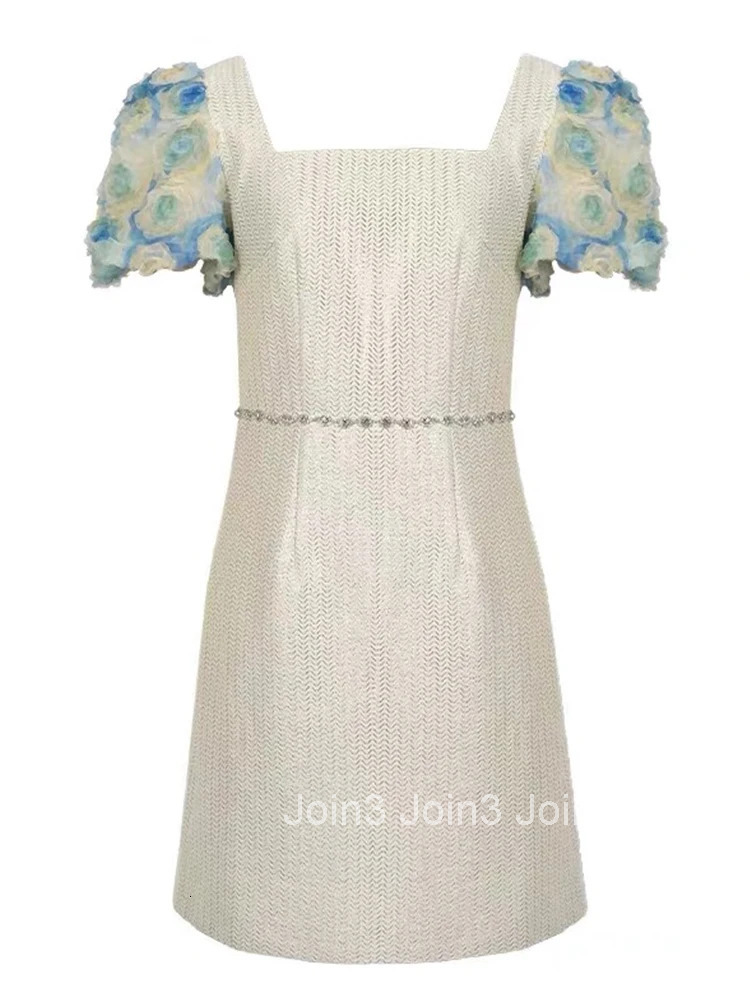 New Fashion Silver Shiny Bright Silk Summer Evening Dress Women Clothes Elegant Sweet Floral Puff Sleeve Slim Party Prom Vestido