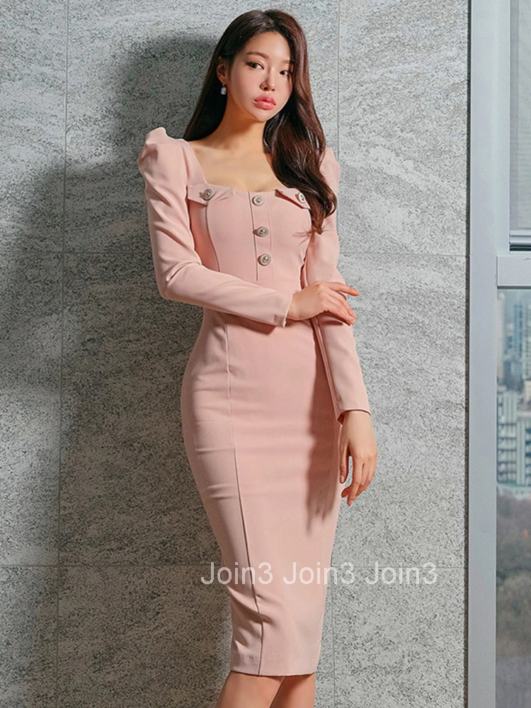 New Spring Autumn Fashion Work Style Formal Occasion Pencil Dress Women Clothes Elegant Office Square Collar Slim Midi Vestidos