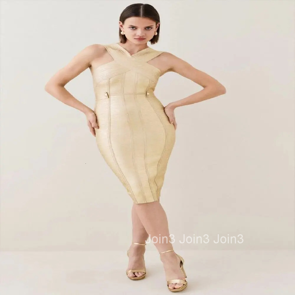 Pretty Womens Clothing Golden Bodycon Bandage Dress V-neck Sexy Birthday Party Celebrity Evening Runway Lady Dress 2025