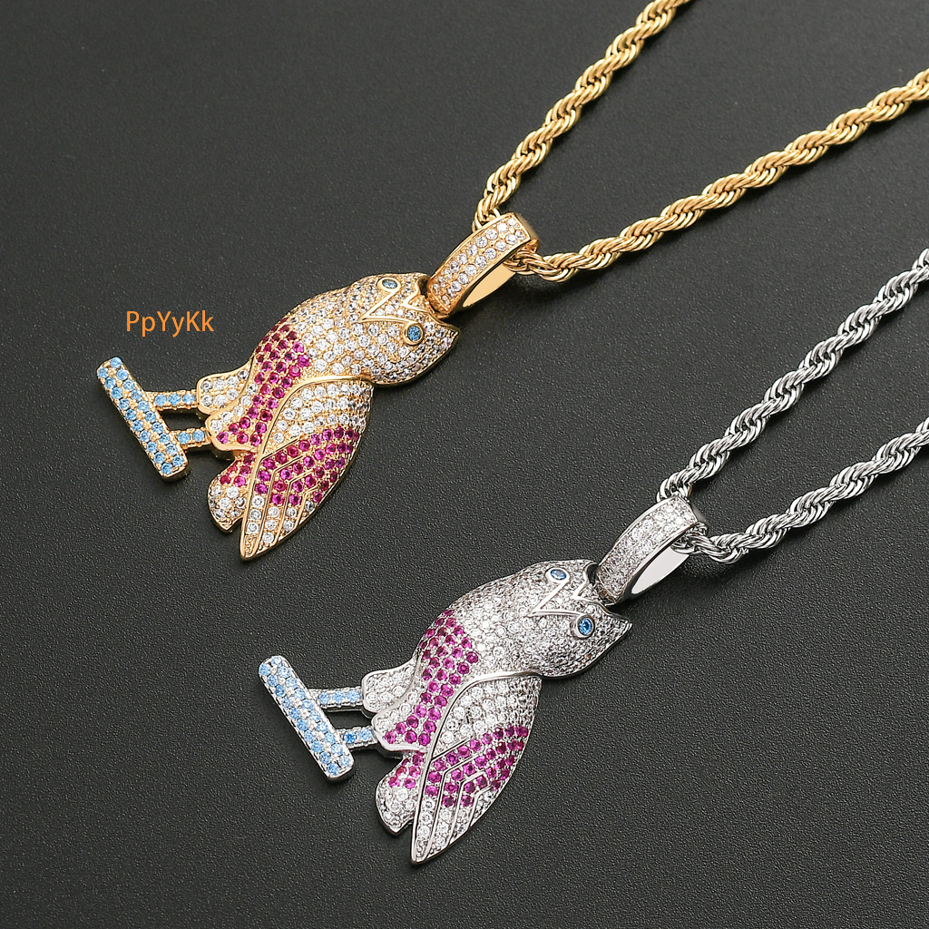 Luxury Moissanite Owl Pendant Creative Animal Diamond Studded Colorful Hip Hop Necklace Pass the diamond tester