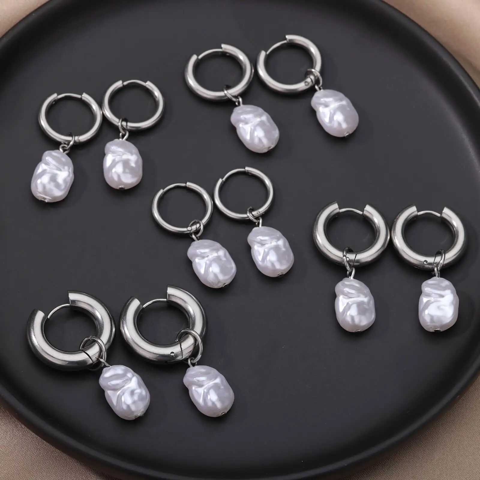 Baroque Pearl Earrings For Women Stainless Steel Water Droplet Silver Color Ring Drop Earring Wedding Party Jewelry Bijoux Femme XJ250623