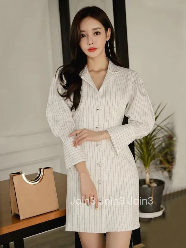 Fashion Lady Work Style Formal Pencil Dress Women Clothes Elegant Office Vintage Striped Puff Sleeve Slim Mini Short Vestidos