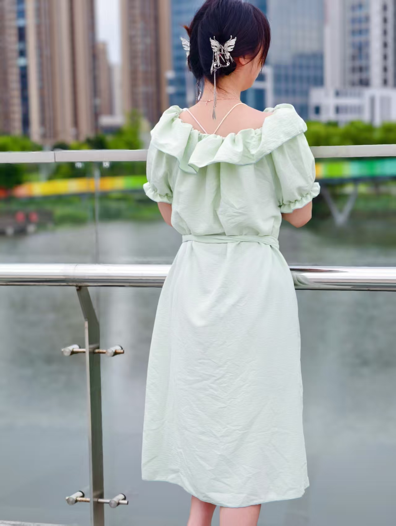 Women's Light Blue Cotton Shirt Dress with Belted Waist