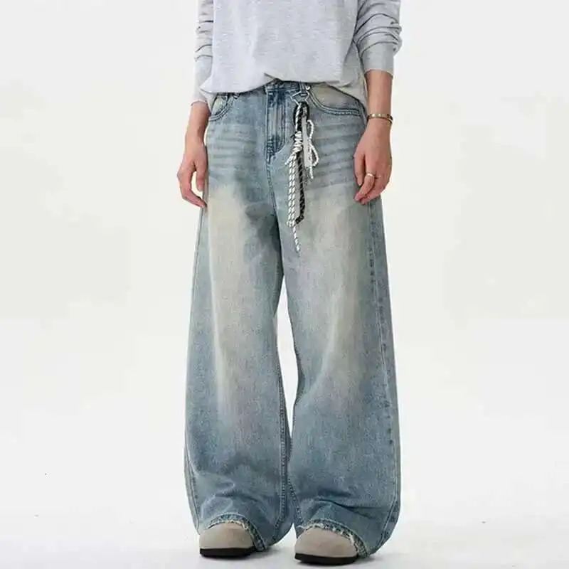 IEFB Distressed Jeans Solid Color Washing Summer Men Trousers Loose Wide Leg Casual Straight Mustache Effect Male Bottom 9W665 250616