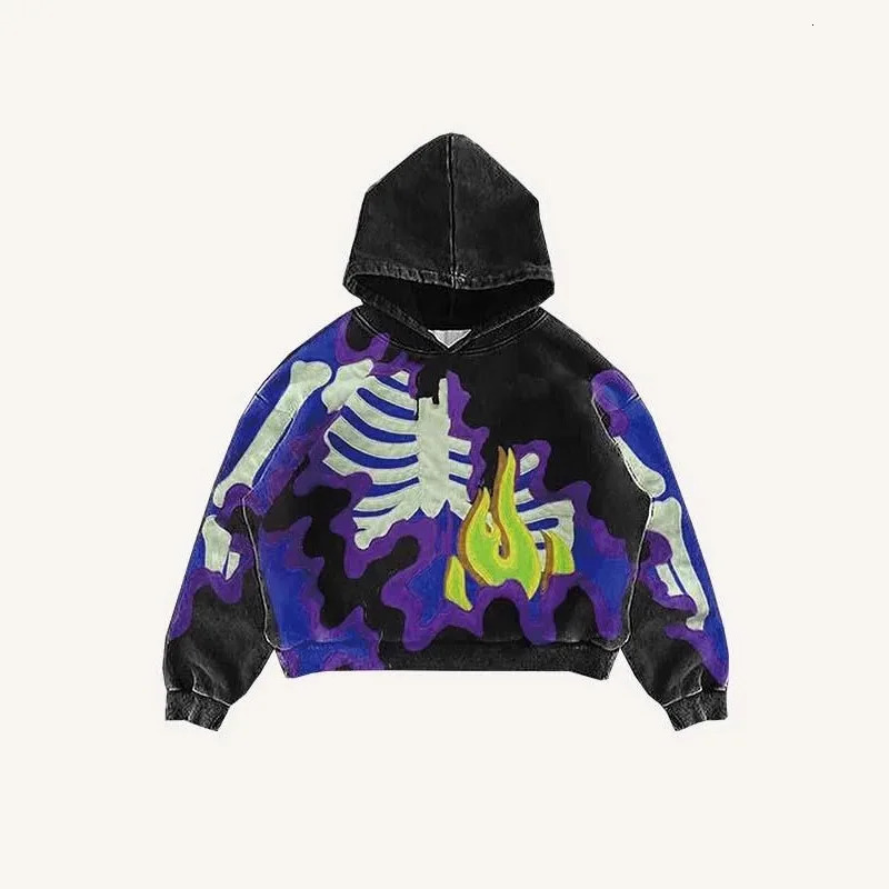 Spring and Autumn Y2K Retro Skeleton Pattern Printed Hoodie Mens and Womens Trendy Hoodie 250618