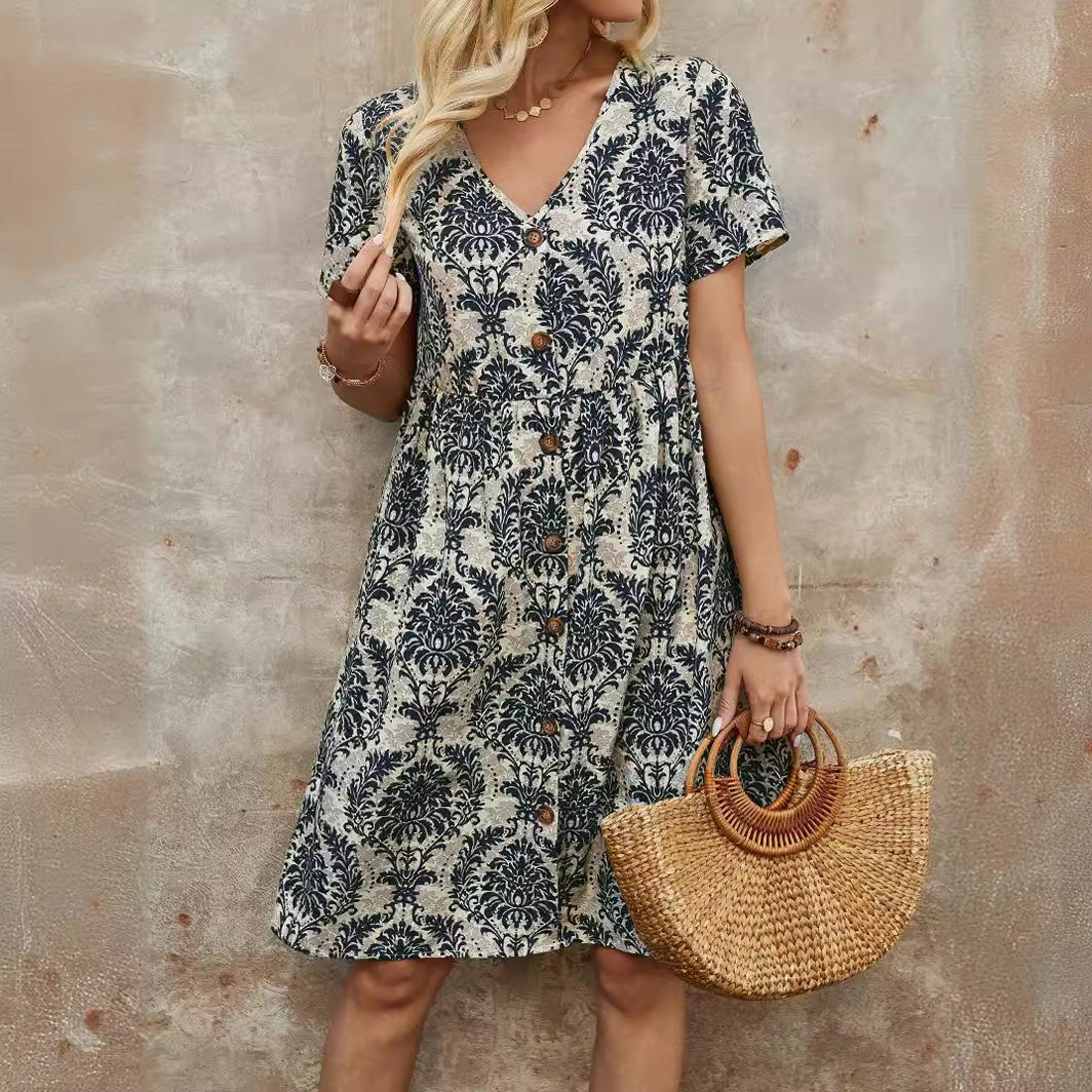 X623Ladies summer new fashion print V-neck short sleeve loose midi dress