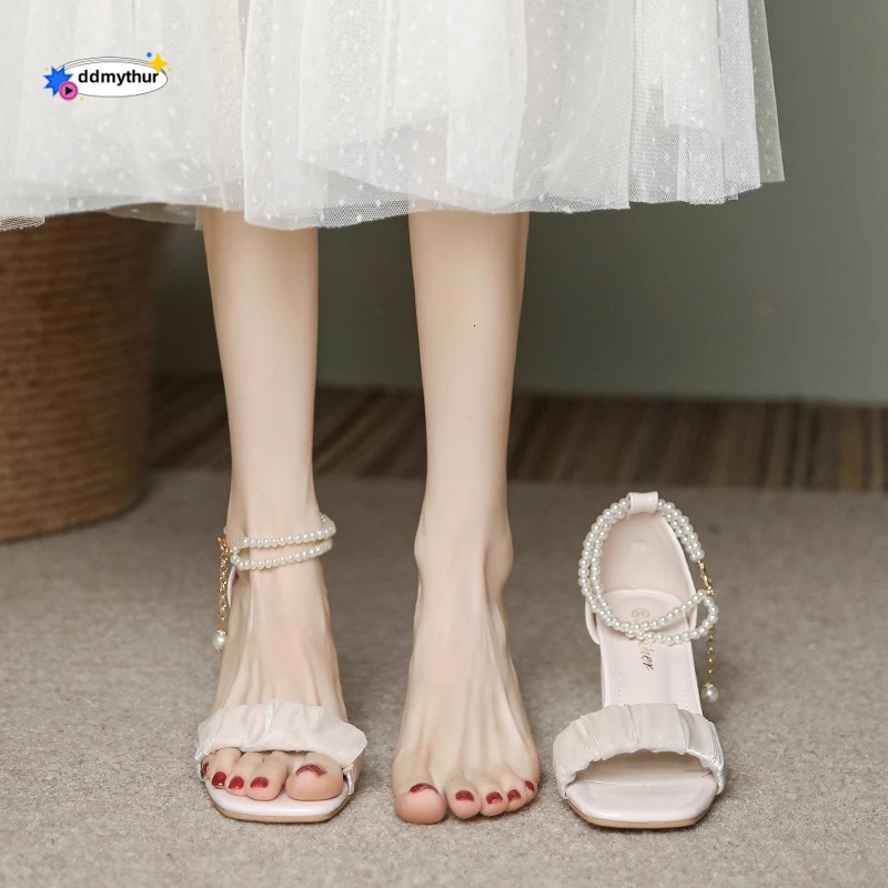 French Fairy Style for Women 2024 Summer Fashion Square Toe Pearl High Heels Niche Design Chunky Heel Sandals ddmythur