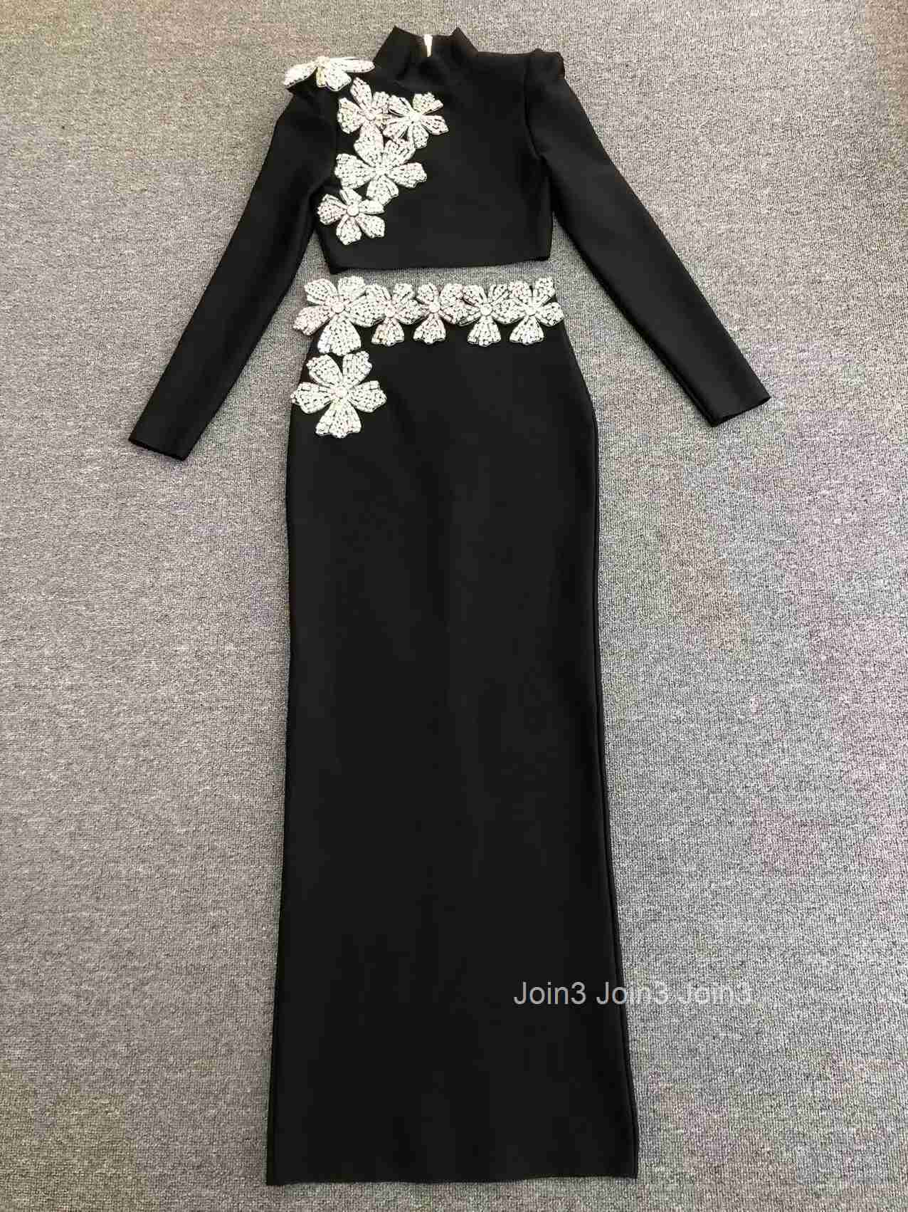 Hot Selling Fashion Women Half High Neck Long Sleeved Floral Diamond Short top Hip Wrapped Skirt Black Bandage Two-piece Sets