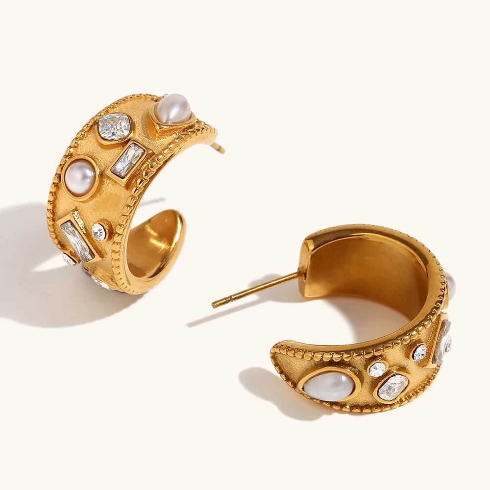 New Luxury Encrusted Shiny Geometric Zircon She ly Pearl C Hoop Stainless Steel Earrings For Women Daily Jewelry XJ250623