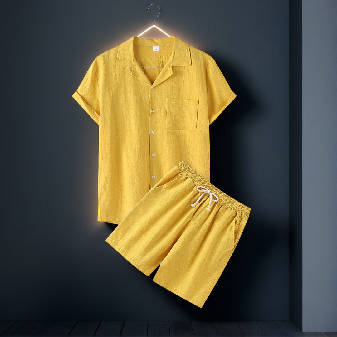 Mens tracksuit Men cotton solid color Hawaiian fashion lapel short-sleeved shirt and shorts set of two pieces European code: S-XL