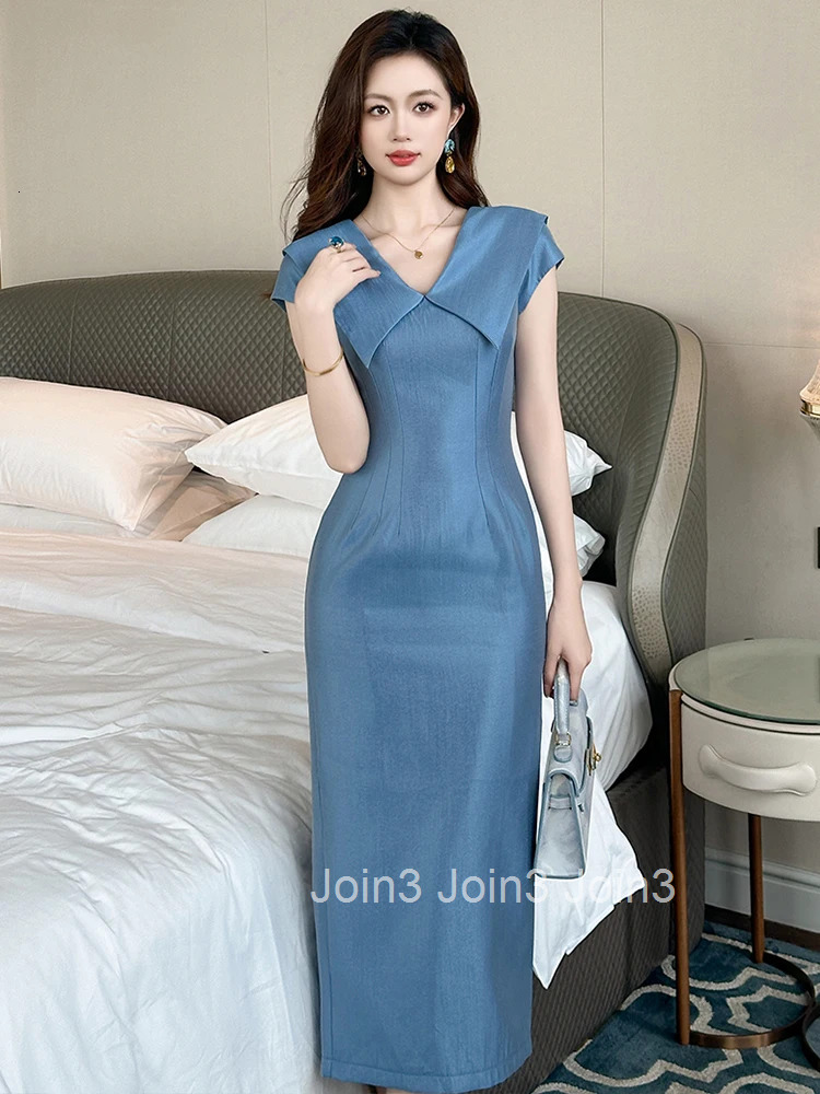 Summer Commute Formal Occasion Dress Women Clothes Elegant Lady Retro Solid Simple Lapel Short Sleeve Slim Midi Pencil Vestidos