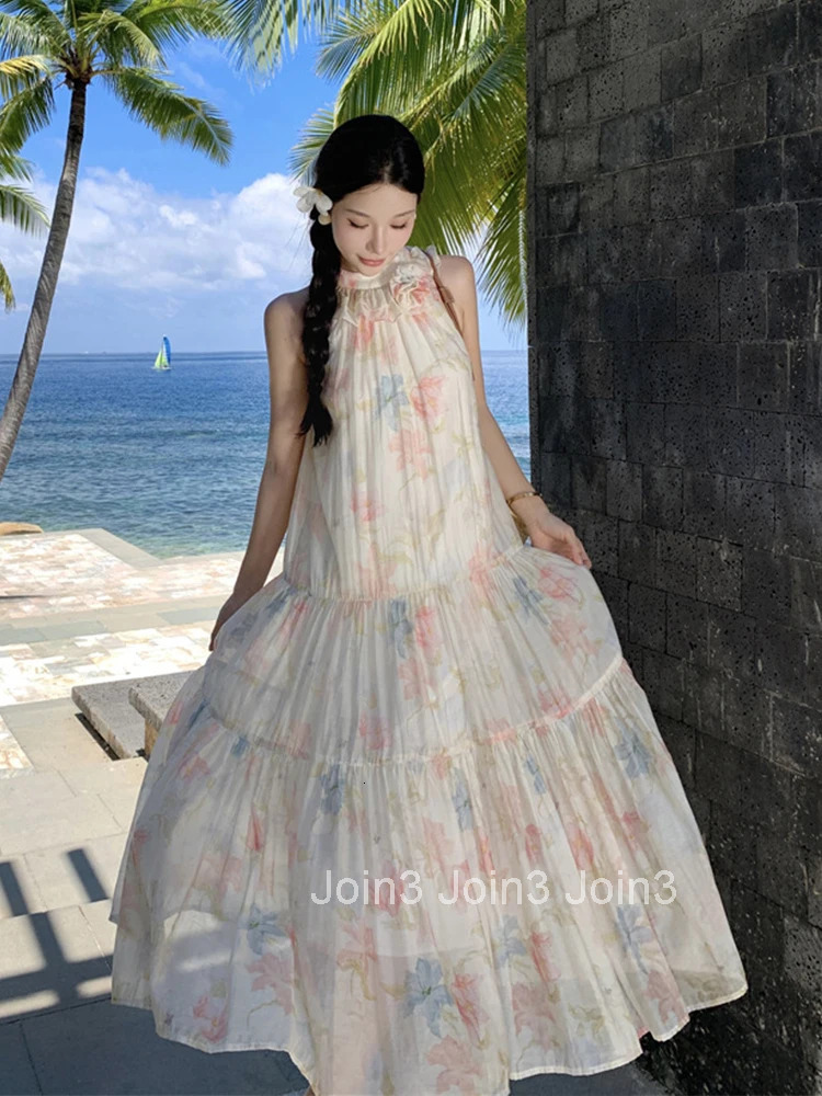 Women Vacation Clothes Sweet Floral Print Sexy Sleeveless Loose Maxi Long Dress Elegant Fashion Party Prom Vestidos Robe Beach