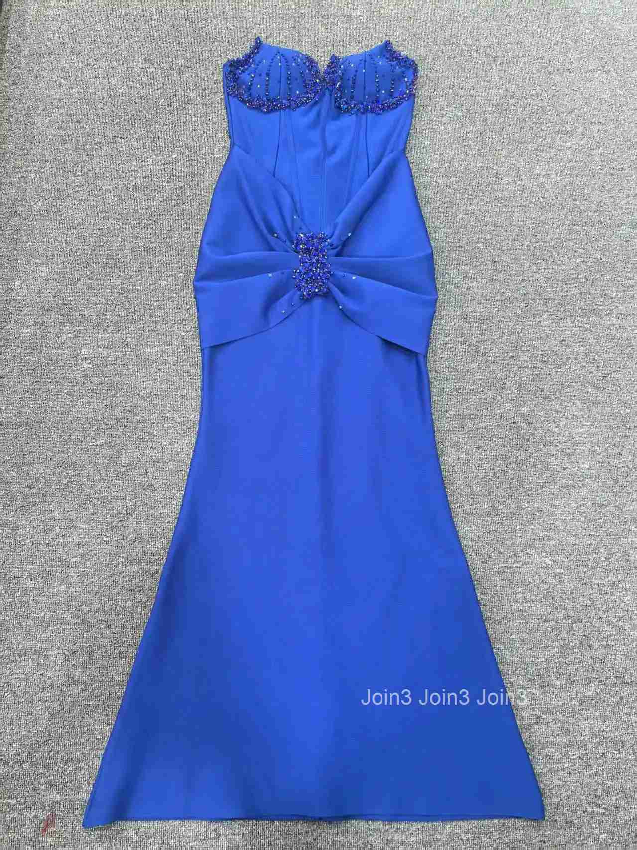 2025 Royal Blue Strapless Mermaid Evening Dress Beaded Wedding Party Gown Slim Fit Elegant Crystal Embellished