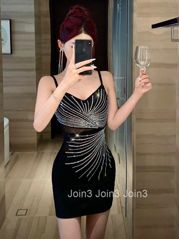 Summer Fashion Sparkly Black Evening Dress Women Clothes Elegant Sexy Sling Backless Skinny Mini Short Party Club Prom Vestidos