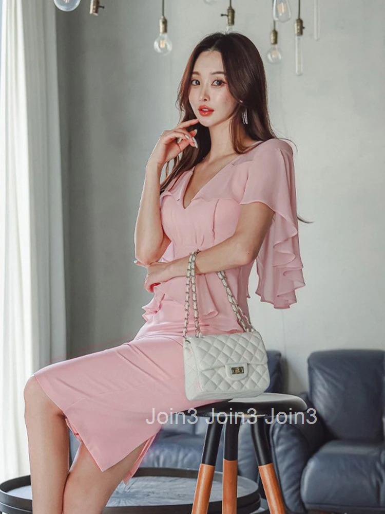 Fashion Summer Pink Pencil Dress Women Clothes Elegant Pretty Chic Sweet Cloak V-Neck Slim Midi Party Prom Robe Mujer Vestidos